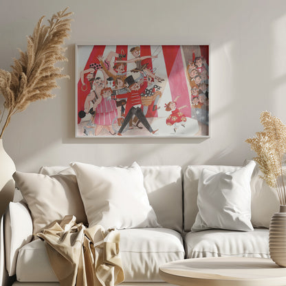 A whimsical, stylized illustration of a circus performance, framed in silver. A parade of performers, including a ringmaster in a red coat, a strongman, acrobats, and a clown, move across the scene under a red and white striped big top. A little girl in a red dress dances in a spotlight, watched by a smiling audience. Poster