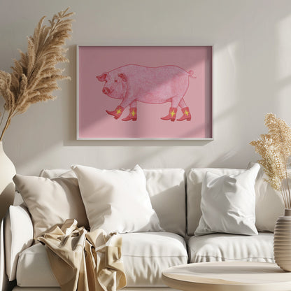 A whimsical illustration of a large pink pig walking to the left, wearing a set of four red cowboy boots, each decorated with a yellow star. The background is a solid light pink, and the artwork is enclosed in a silver frame. Artwork