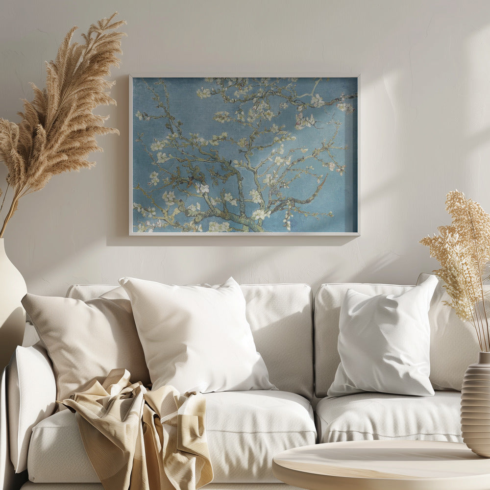 A framed print of Vincent van Gogh's painting 'Almond Blossom,' featuring delicate white blossoms on gnarled branches set against a vibrant turquoise-blue sky. Poster