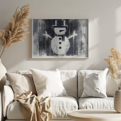 A framed black and white urban art piece featuring a stenciled snowman. The artwork has a gritty, street-art feel with spray paint texture, drips, and splatters on a dark, distressed background. The snowman is white with a black top hat, scarf, buttons, and nose. Decor