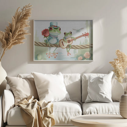 A whimsical watercolor illustration of two green frogs sitting on a thick rope. The frog on the left wears a blue top hat and holds a red rose, while the frog on the right serenades it with a small guitar. A dragonfly flies above them against a soft, natural background. Poster