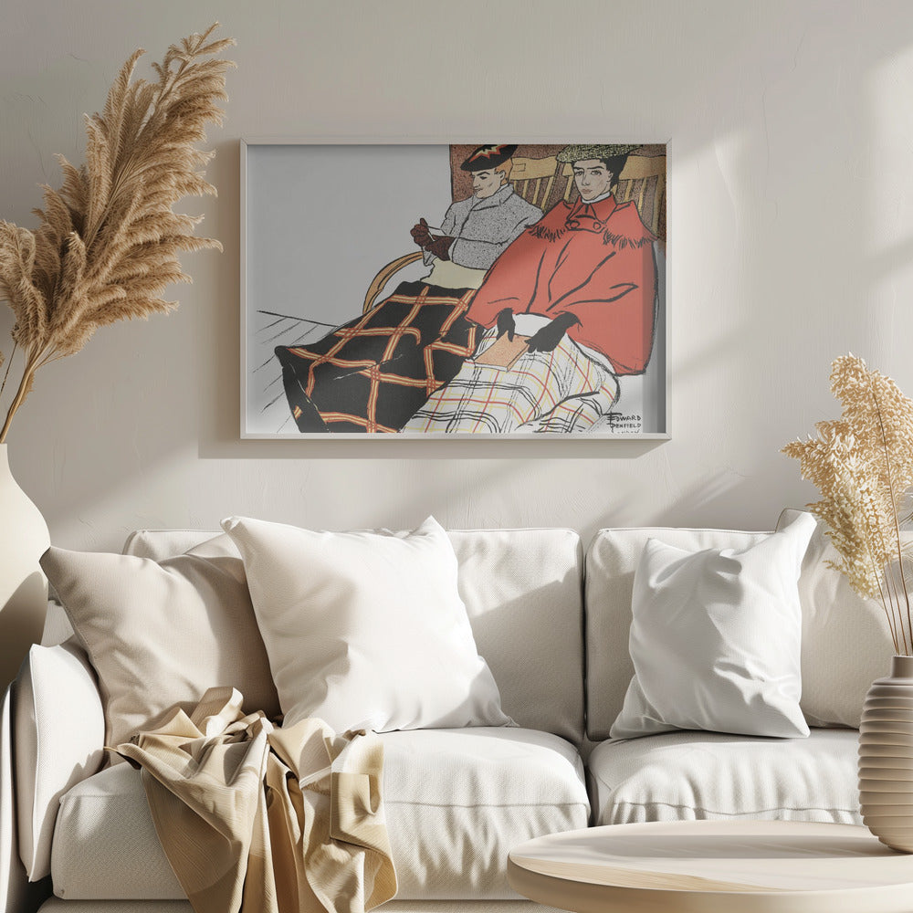 A vintage illustration by Edward Penfield depicting a man and a woman sitting in wooden chairs. The woman in the foreground wears a bright red cape and holds a book, with a white and red plaid blanket on her lap. The man behind her wears a grey coat and has a black and red plaid blanket covering his legs. Poster