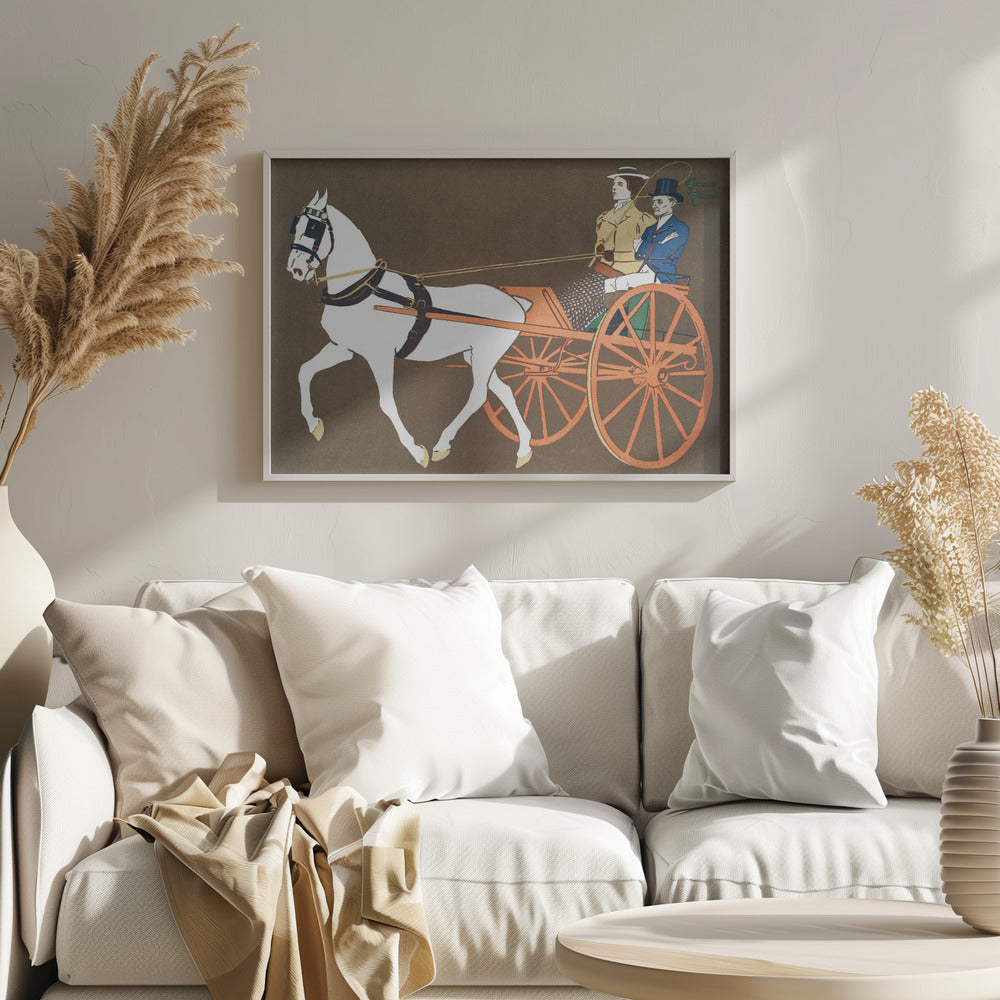 A vintage-style illustration of a white horse pulling an orange two-wheeled carriage against a dark brown background. A woman in a tan coat holds the reins, seated next to a man in a blue coat and top hat. Wall Art