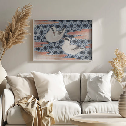 A vintage Japanese woodblock print featuring two white birds with black markings. The birds are set against a blue background with a dark blue Asanoha geometric pattern and reddish-pink, cloud-like shapes. The artwork is enclosed in a silver frame. Wall Art