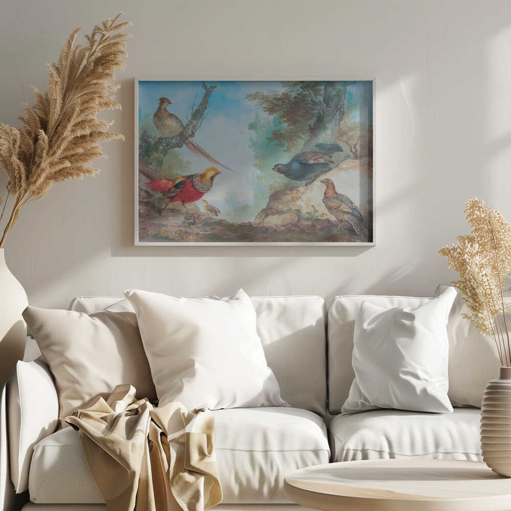 A vintage-style painting of various game birds in a natural, wooded landscape, enclosed in a silver frame. A vibrant golden pheasant and its chicks are on the left, while a black grouse perches on a rock and another stands on the ground to the right. A female pheasant sits on a tree branch above. Poster