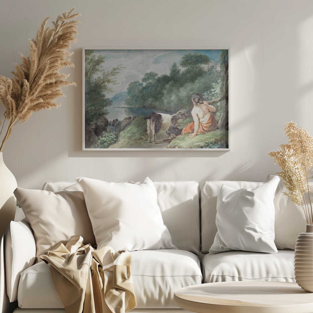 A painting or illustration depicting a shepherdess with her goats in a natural landscape, featuring a calm lake. Wall Art