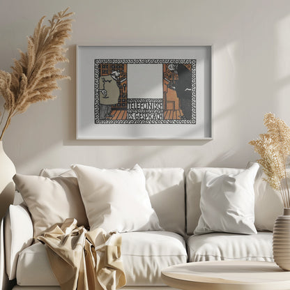 A vintage German art print titled 'Telefonisches Gespräch' (Telephone Conversation). The graphic illustration shows two stylized men on opposite sides of a central panel, talking on old-fashioned telephones. The artwork features a limited color palette of black, orange, and beige, with an ornate, repeating pattern border. Print