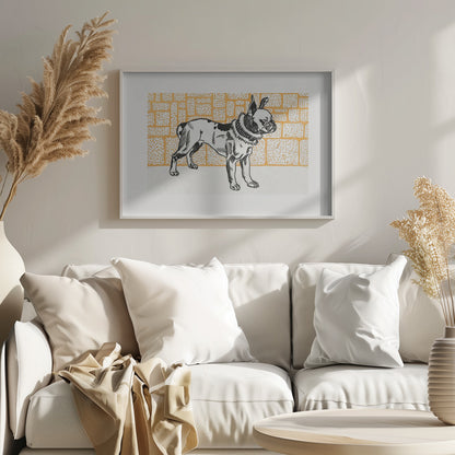 A vintage-style block print illustration of a black and white French Bulldog standing in profile. The dog has large ears and a thick collar, and it is set against a yellow-orange background with a textured brick pattern. The artwork is matted in white and displayed in a silver frame. Wall Art