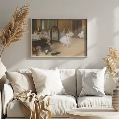 A framed print of Edgar Degas's impressionist painting, 'The Dance Class,' depicting a ballet rehearsal room with several ballerinas in white tutus. A musician plays the violin in the foreground, and the warm-toned room features a large mirror reflecting the dancers. Wall Art