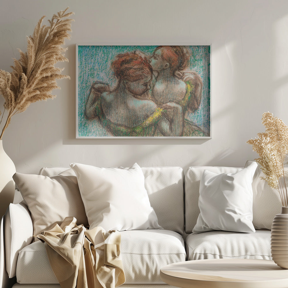 A framed pastel drawing in the Impressionist style depicting two female figures. One woman with reddish-brown hair in an updo is seen from the back, wearing a green dress. Another woman stands behind her, tenderly kissing the top of her head. The background is a textured, vibrant turquoise. Wall Art
