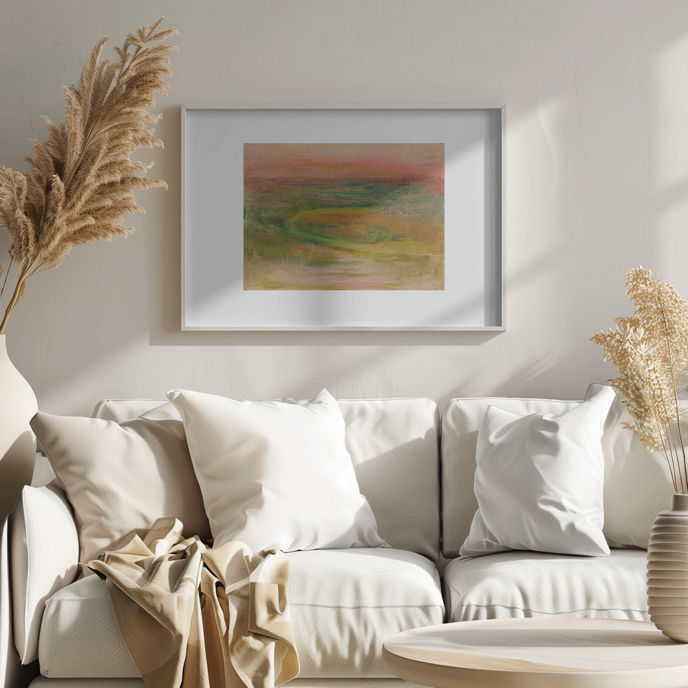 An abstract landscape painting with a soft, hazy aesthetic, featuring a pink and orange sky over a green and earthy-toned rolling terrain with a winding path. The artwork is framed in a silver frame with a wide white mat. Wall Art