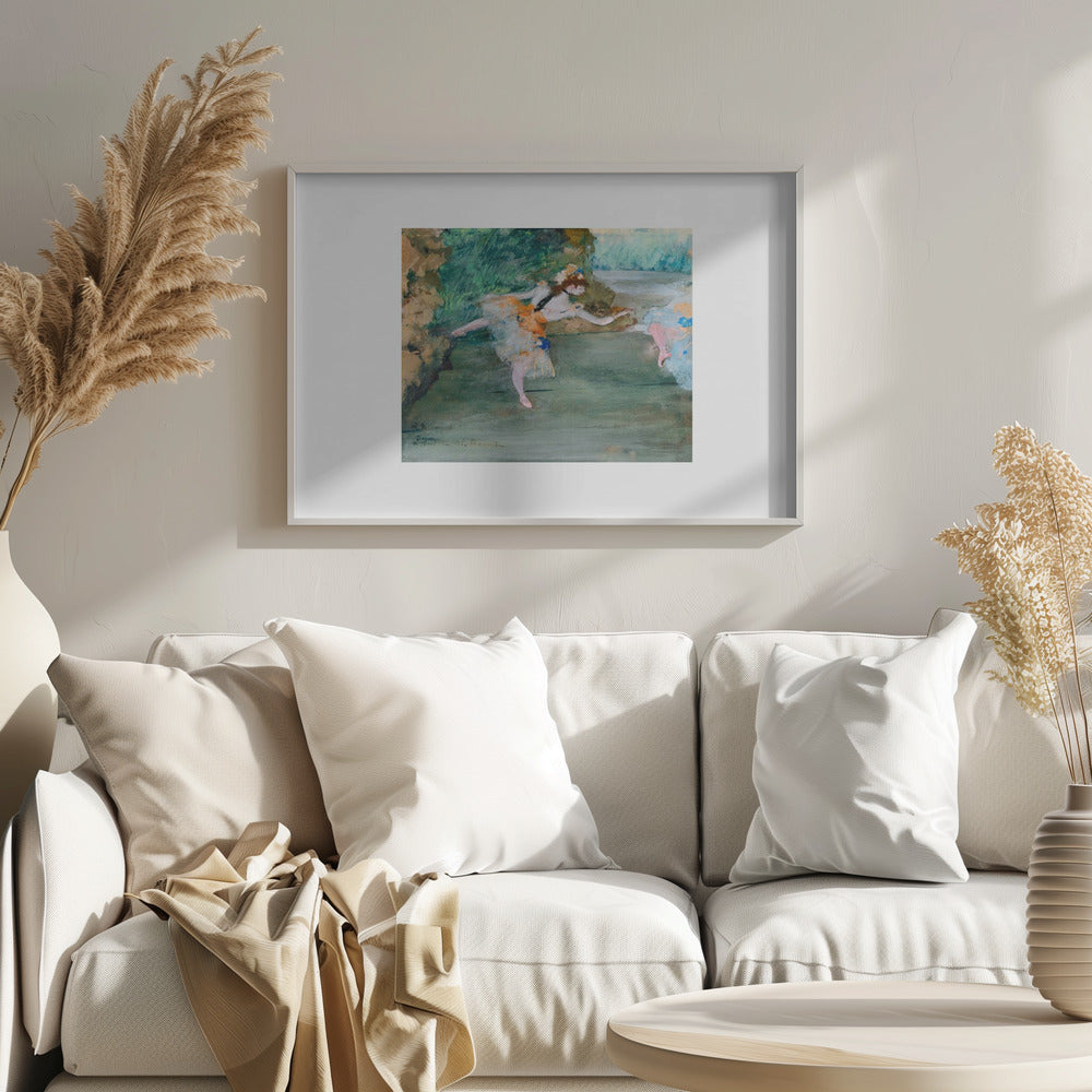 An Impressionist painting of a ballerina mid-dance on a stage, wearing a white and orange tutu. The background is a wash of green and brown tones. The painting is presented within a white mat and a silver frame. Artwork