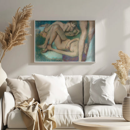 An impressionistic pastel drawing by Edgar Degas depicting several nude female figures in various lounging poses. The figures are set against a richly textured background of deep green and teal, with visible energetic pastel strokes defining their forms and the surrounding space. Decor