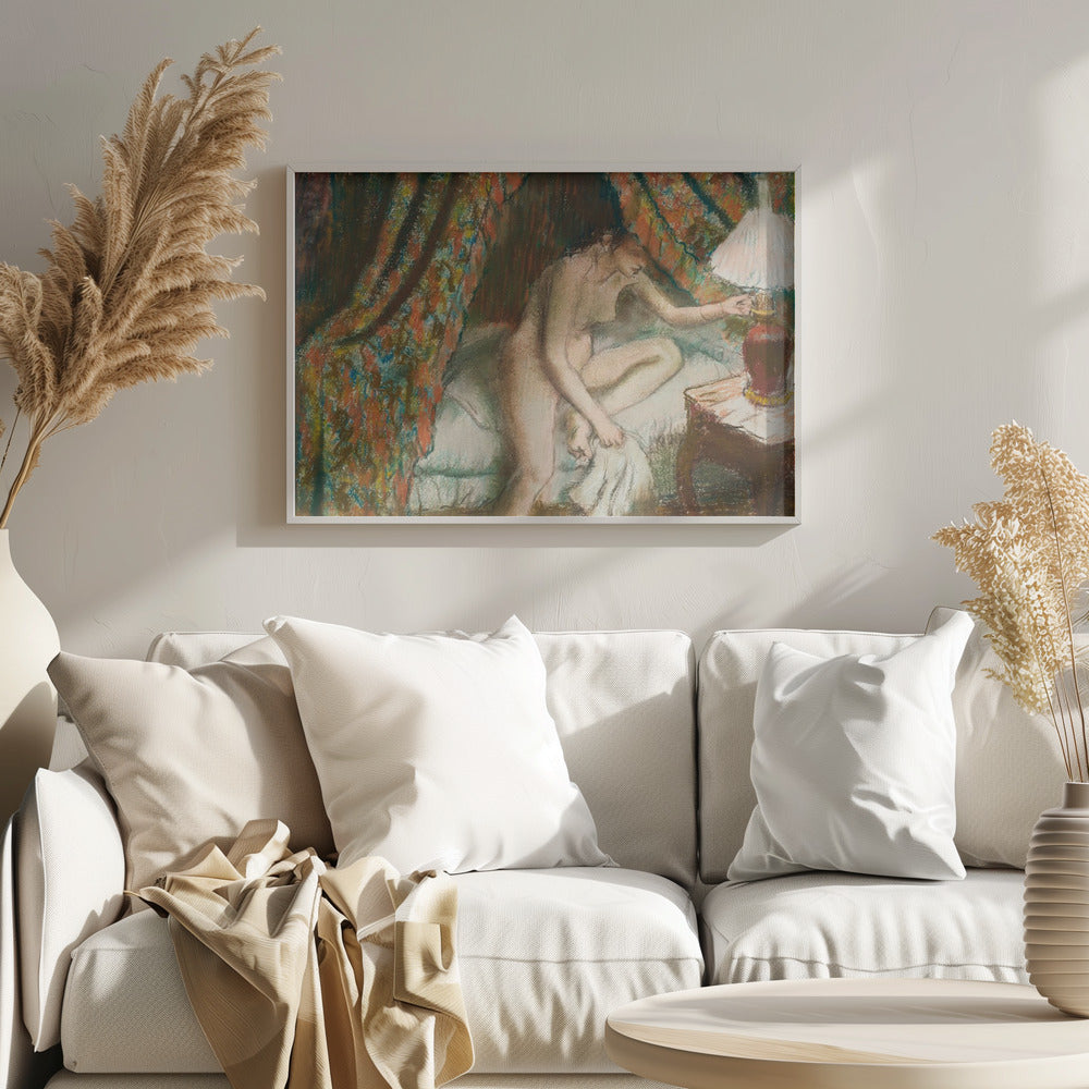 An Impressionist pastel painting of a nude woman sitting on the edge of a bed. She is reaching to turn on a bedside lamp. The background features a heavily patterned, colorful curtain, and the entire scene is rendered with soft, textured strokes and framed in silver. Poster