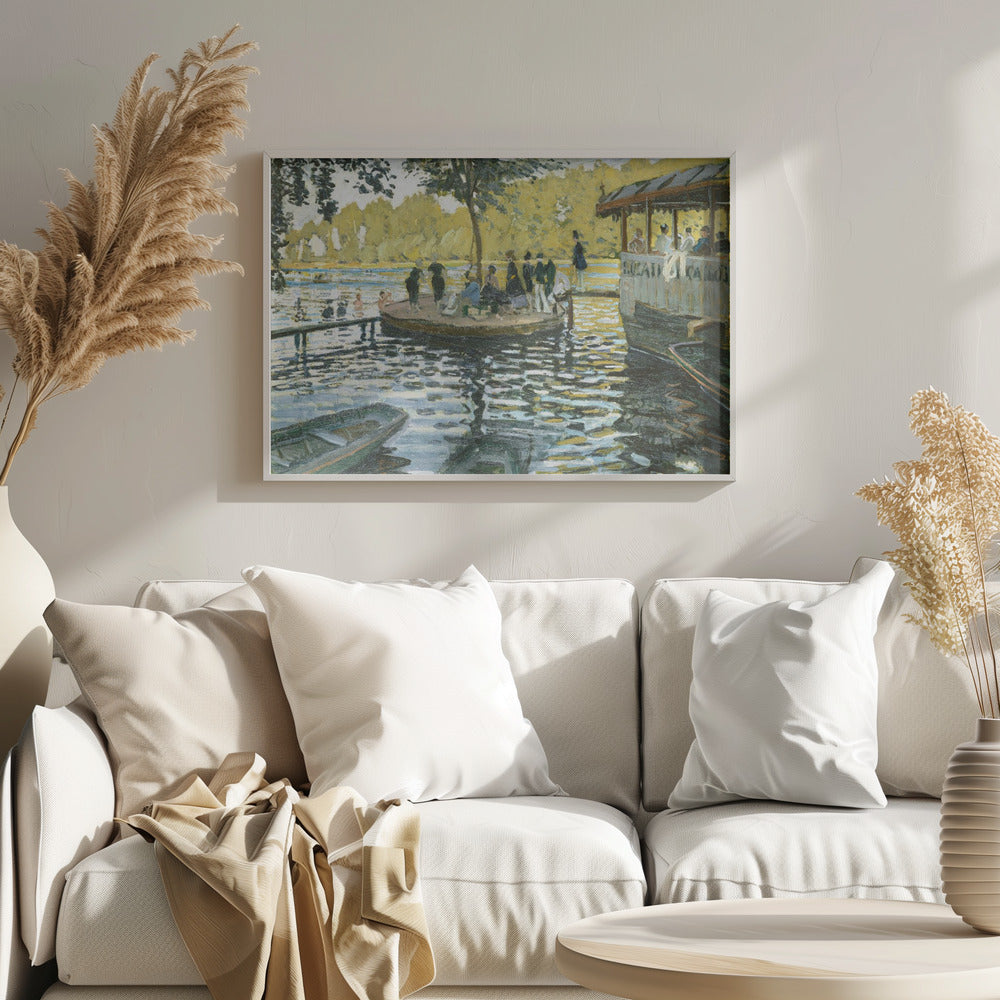 A framed reproduction of Claude Monet's impressionist painting, 'Bain à la Grenouillère'. The scene captures a riverside leisure spot with people on a small island and on a floating restaurant, with the water rendered in shimmering strokes of blue, green, and yellow. Poster