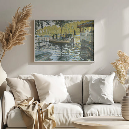 A framed reproduction of Claude Monet's impressionist painting, 'Bain à la Grenouillère'. The scene captures a riverside leisure spot with people on a small island and on a floating restaurant, with the water rendered in shimmering strokes of blue, green, and yellow. Poster