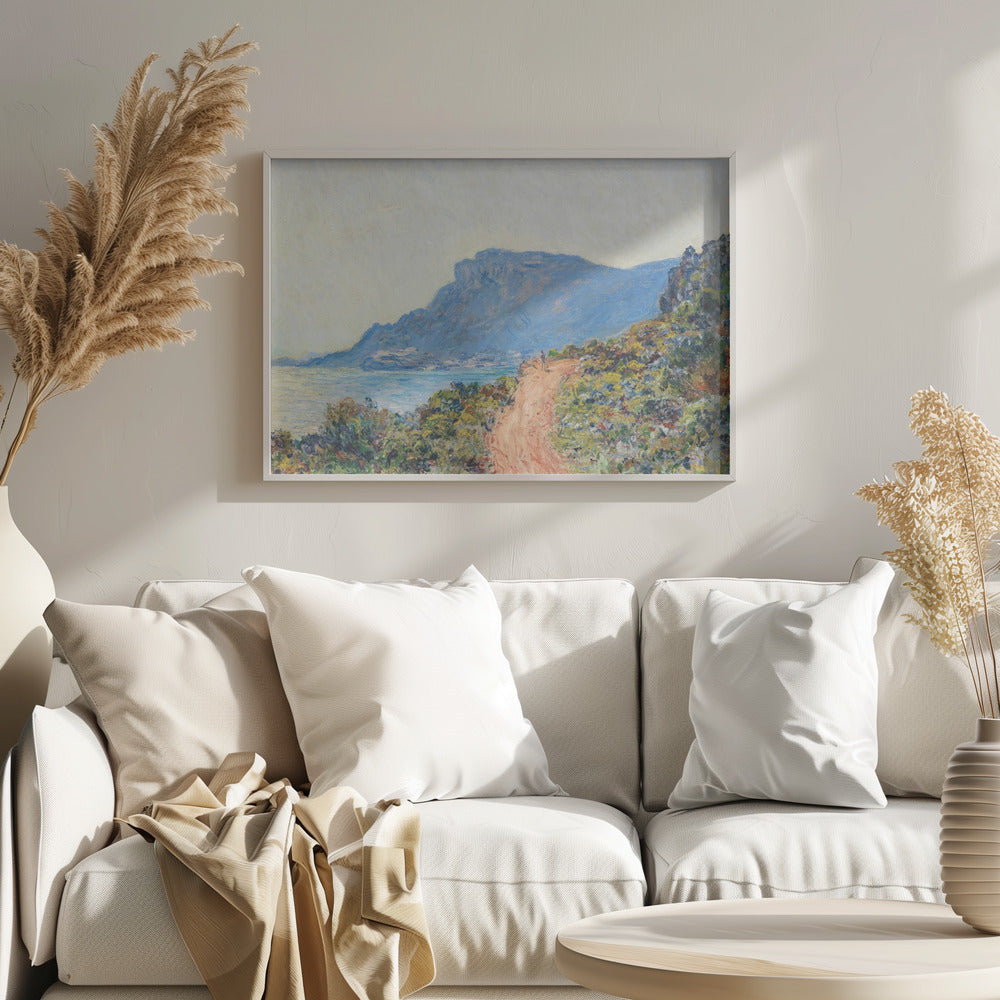 An impressionist painting of a winding terracotta path along a vibrant, green and yellow cliffside, overlooking a calm blue sea. In the background, a large, hazy blue mountain looms over a coastal town under a pale sky. Decor