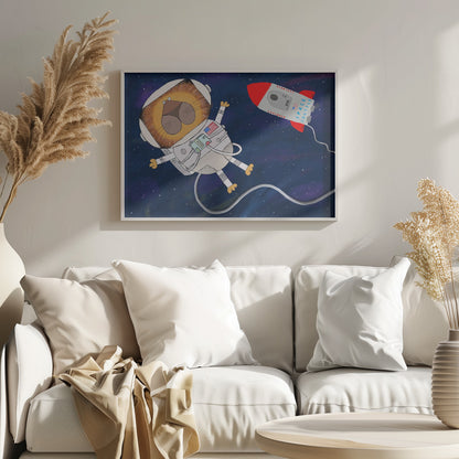 A whimsical cartoon illustration of a lion astronaut floating in deep space. The lion, wearing a white spacesuit and helmet, has a wide-eyed expression. A red and white toy rocket labeled 'Space Shuttle Explorer' flies nearby against a dark blue, star-filled background. Poster
