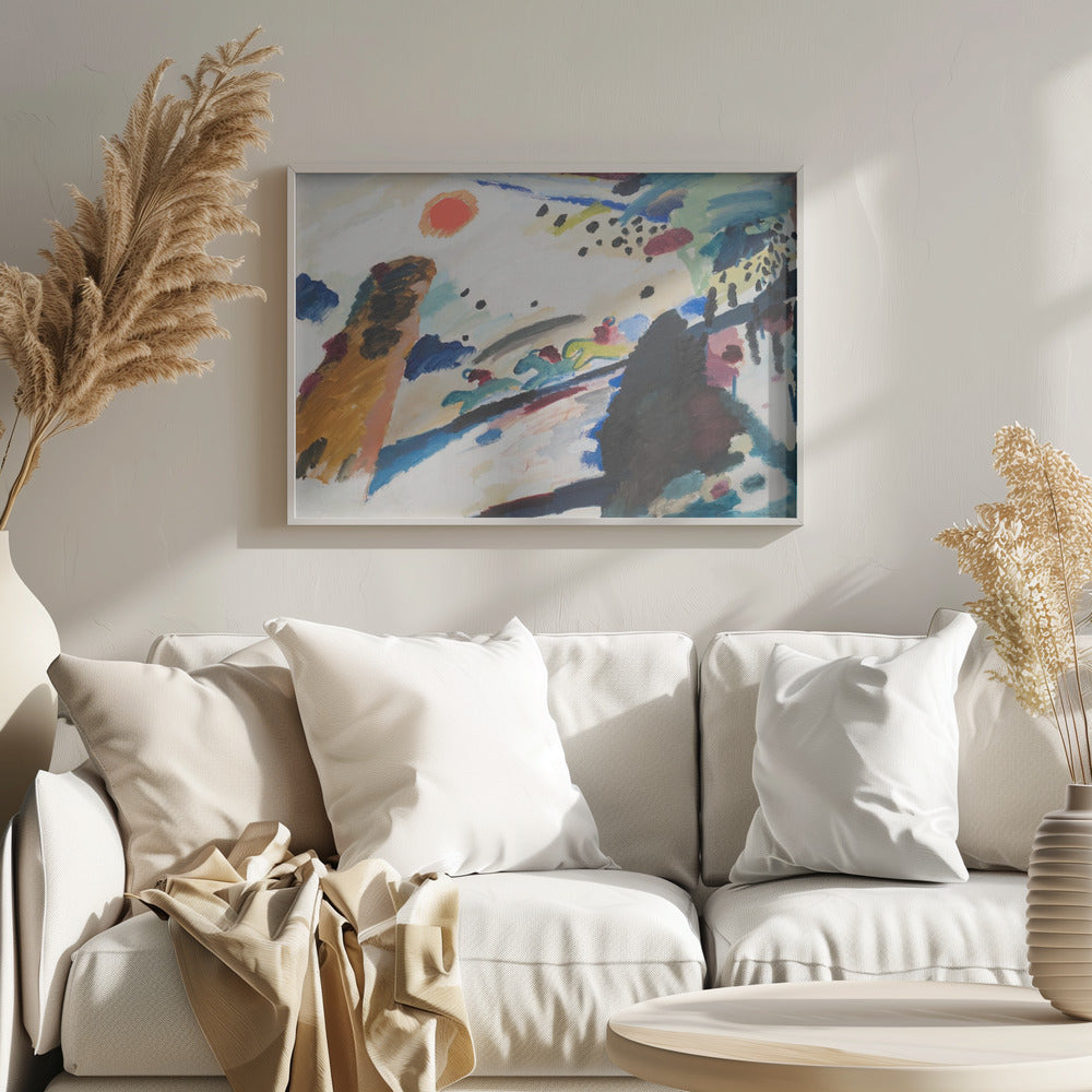 Abstract painting by Wassily Kandinsky in a silver frame. The dynamic composition features a red-orange sun, stylized figures of jockeys on racing horses, and energetic brushstrokes of blue, black, brown, and green on a white canvas. Artwork