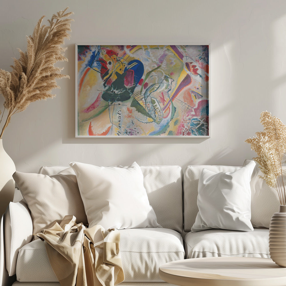 A vibrant and chaotic abstract painting by Wassily Kandinsky, presented in a silver frame. The artwork is a whirlwind of bold colors like yellow, blue, red, and green, with dynamic, intersecting black lines and a variety of shapes creating a sense of energetic movement. Print