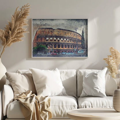A watercolor-style digital painting of the Roman Colosseum under a cloudy, textured sky. The ancient amphitheater's arched structure dominates the scene, with a busy street, cars, and trees in the foreground. The artwork is enclosed in a silver, weathered frame. Decor