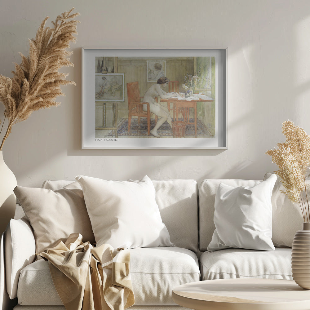 A vintage painting by Carl Larsson depicting a nude woman sitting in profile at a wooden desk, engrossed in writing. The room is a cozy artist's studio with other paintings visible, a vase of flowers on the desk, and a patterned rug on the floor. Artwork
