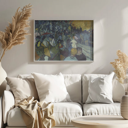 A post-impressionist painting in a silver frame depicting a dense crowd of people at a lively event. The scene is rendered with expressive brushstrokes in a palette of deep blues, greens, and a large area of bright yellow light, conveying a sense of bustling energy and movement. Decor