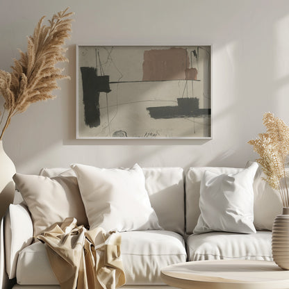 An abstract painting with a beige background featuring bold, black brushstrokes and a large, muted brown rectangular shape. Thin, erratic black lines are scrawled across the canvas, intersecting with the colored forms. The entire piece is framed in a simple silver frame. Wall Art