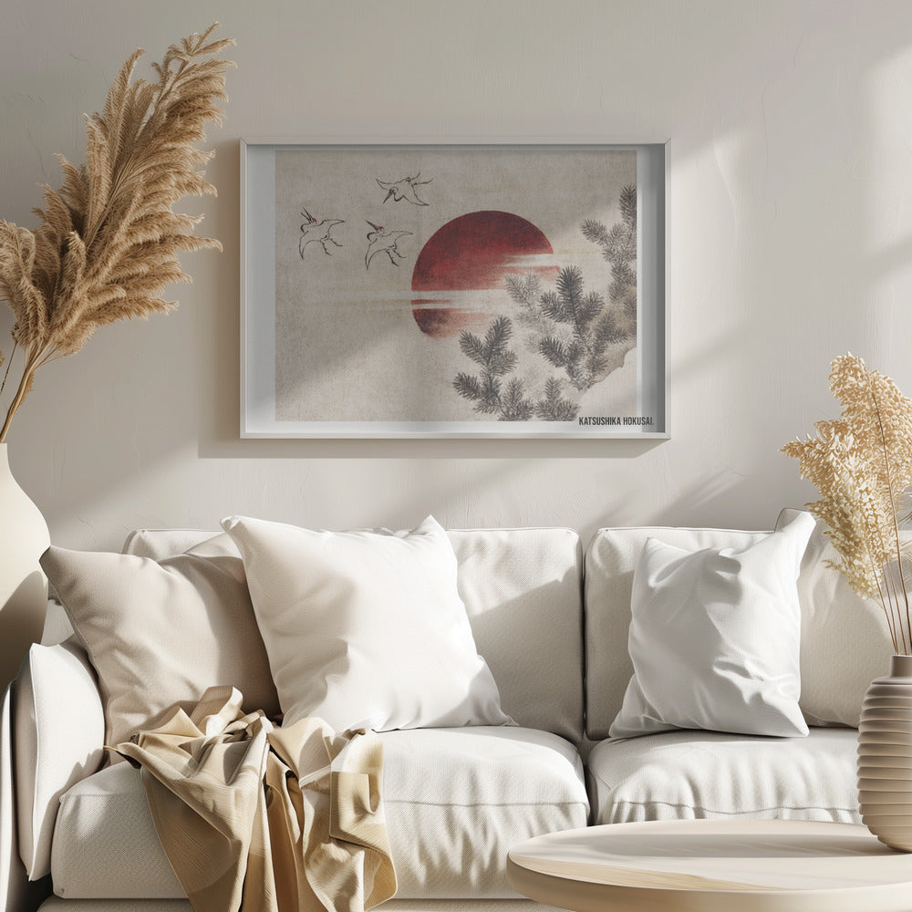 A vintage Japanese Ukiyo-e style painting by Katsushika Hokusai. The artwork features three cranes flying against a large, deep red sun on a textured beige background. In the foreground to the right, dark pine tree branches are depicted in black ink. Decor