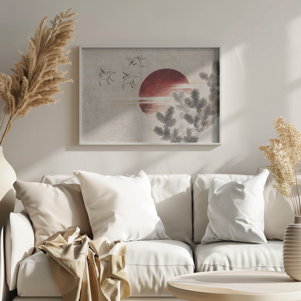 A Japanese-style painting on textured beige paper, featuring a large, vibrant red sun. In the upper left, three cranes are sketched in black ink, flying towards the sun. Dark pine tree branches enter the frame from the right foreground. The entire artwork is displayed within a silver frame. Decor