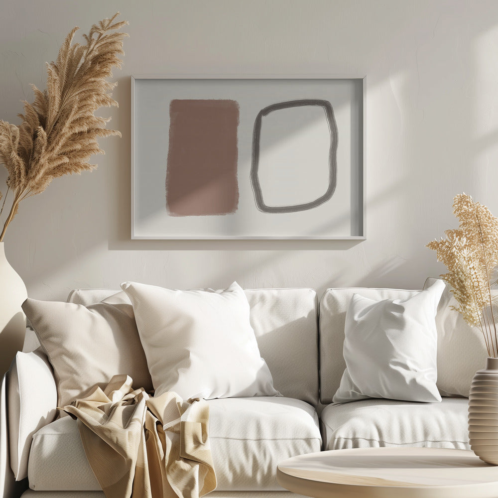 A minimalist abstract artwork in a silver frame, featuring a solid terracotta brown rectangle next to a hand-drawn, rounded rectangular outline in charcoal grey, both set against a cream background. Poster