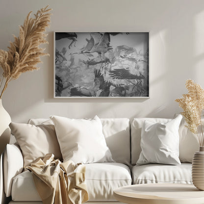 A dynamic and chaotic black and white photograph of a large flock of cranes taking flight. The image is filled with the motion of flapping wings and dangling legs, creating a sense of powerful, collective movement. The photo is presented in a silver frame. Wall Art