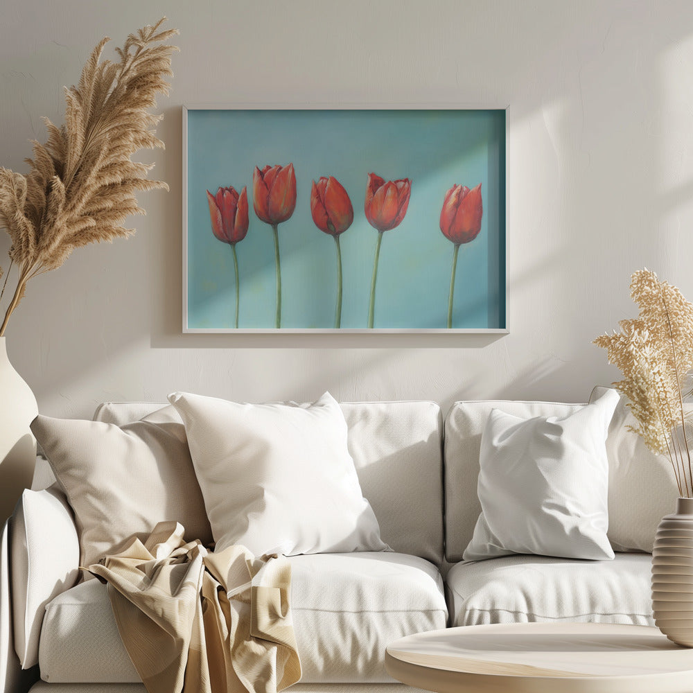 A painting of five vibrant red tulips in a row with long green stems, set against a solid light teal background and enclosed in a silver frame. Wall Art