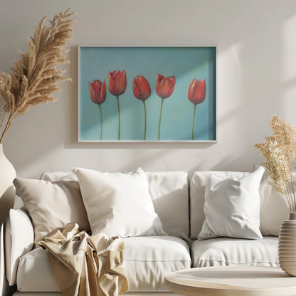 A painting of five vibrant red tulips in a row with long green stems, set against a solid light teal background and enclosed in a silver frame. Wall Art