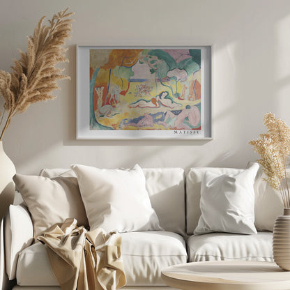 A framed art print of Henri Matisse's famous Fauvist painting, 'Le Bonheur de Vivre' (The Joy of Life). The colorful, idyllic landscape is filled with nude figures lounging, dancing, and playing music under vibrant yellow, orange, and green trees against a pink sky. Wall Art