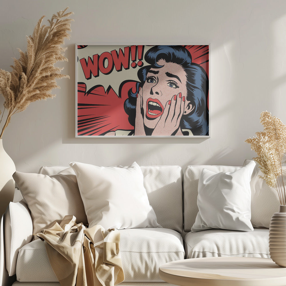 A pop art comic book panel of a woman with blue hair and red lipstick looking shocked, with her hands on her cheeks and mouth open. Behind her, a red speech bubble exclaims 'WOW!!'. Decor