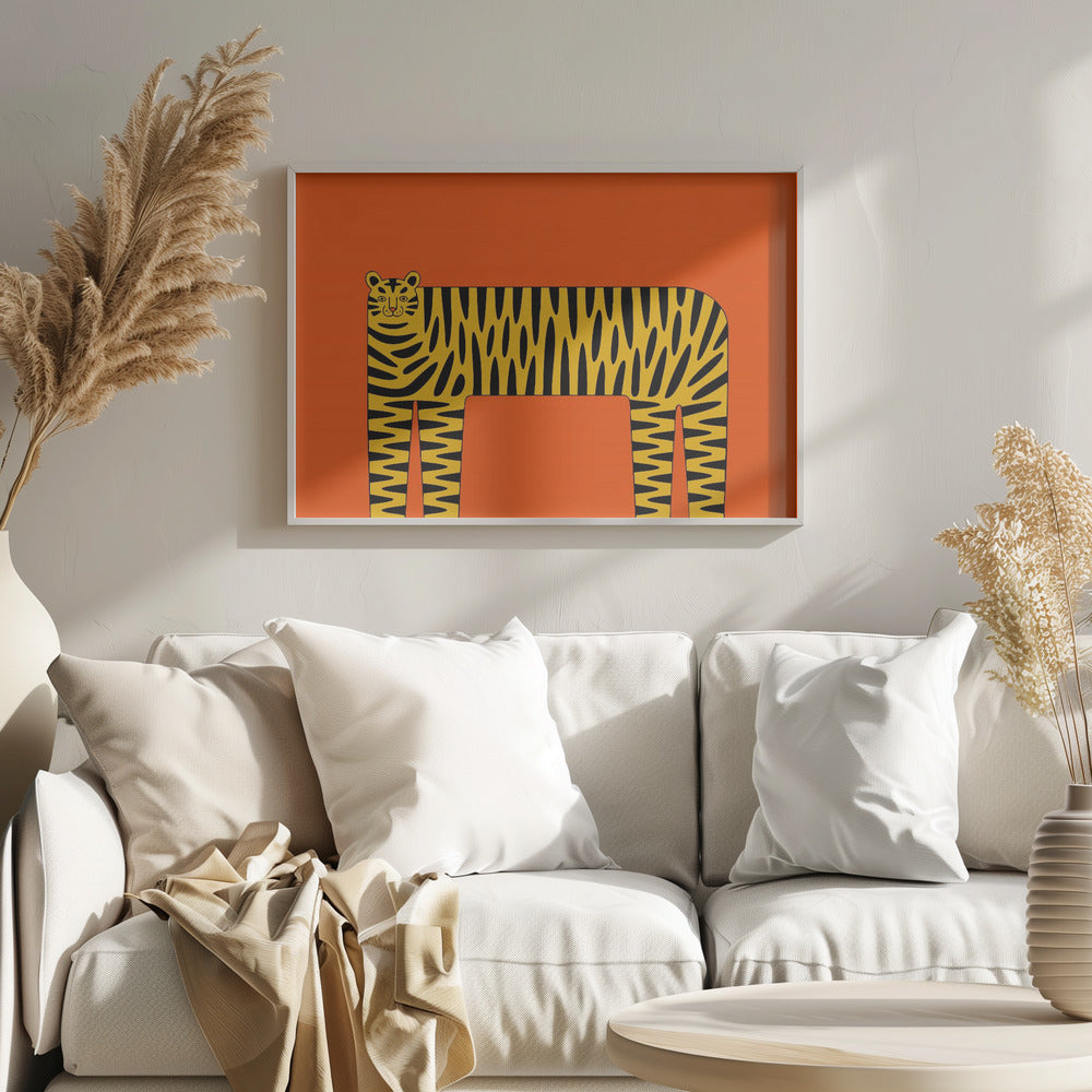 A stylized illustration of a tiger with a long, rectangular body and bold black stripes on a yellow coat, set against a solid, bright orange background and enclosed in a silver frame. Decor