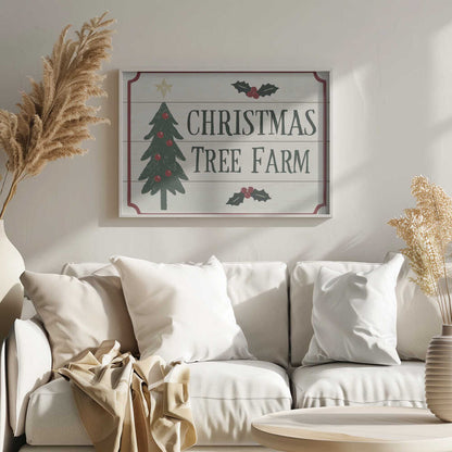 Vintage 'Christmas Tree Farm' sign with a decorated tree and holly. Rustic holiday wall art.