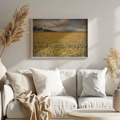 A framed photograph of a massive field of golden sunflowers stretching to the horizon under a dramatic, cloudy sky at sunset. A long row of trees is visible in the distance. Decor