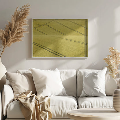 A framed photograph of a vast, rolling field of golden-yellow crops, with dark tractor tire tracks creating curving and diagonal lines across the hilly landscape. Decor