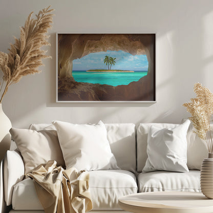A framed artwork depicting a view from inside a rocky cave looking out at a small tropical island with two palm trees. The cave's natural arch frames the vibrant turquoise ocean and the bright blue sky, creating a sense of a hidden paradise. Artwork