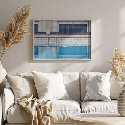 A framed, symmetrical photograph of a minimalist indoor swimming pool with blue and white tiles, stainless steel ladders, and a calm, reflective water surface. Poster
