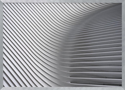 A framed, close-up, abstract photograph of a modern architectural structure. Parallel white ribs curve and undulate across the frame, creating a sense of movement and rhythm through the interplay of light and shadow. Artwork