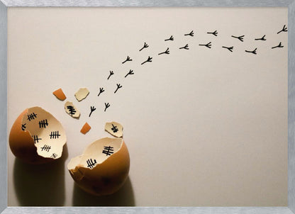 A conceptual art piece showing a broken brown eggshell against a beige background. Inside the shell are black tally marks, as if counting days. A trail of tiny black chicken footprints leads away from the egg, suggesting a chick has finally hatched and escaped after a long wait. Artwork