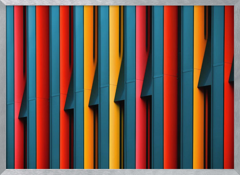 A close-up abstract photograph of a colorful modern building facade, featuring a repeating pattern of vertical fins in vibrant red, teal blue, and yellow-orange, creating a dynamic interplay of light, shadow, and geometric lines, all enclosed in a silver frame. Artwork