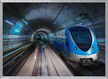 A modern blue and silver high-speed train travels through a curved, brightly lit subway tunnel, with motion blur conveying a sense of rapid movement, enclosed within a silver frame. Poster