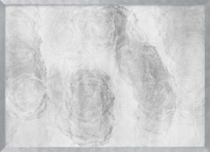 Abstract art with soft, cloud-like shapes in shades of grey and white, set in a silver frame.