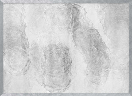 Abstract art with soft, cloud-like shapes in shades of grey and white, set in a silver frame.
