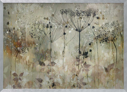 An abstract botanical artwork featuring the delicate black silhouettes of wildflowers, like Queen Anne's lace, against a muted, textured background of beige, sage green, and earthy brown. The composition has a dreamy, layered effect and is displayed in a silver frame. Print