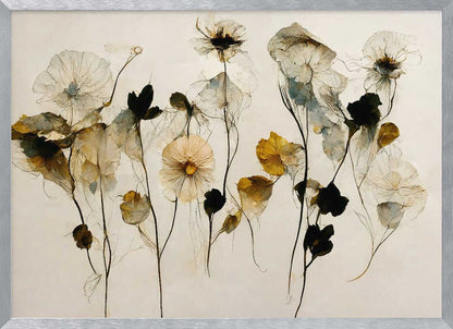 A framed artwork depicting a collection of delicate, translucent flowers against a pale, neutral background. The flowers, rendered in a watercolor style, are in shades of white, muted yellow, and deep black, with thin, wispy stems. The entire piece is enclosed in a simple silver frame. Artwork